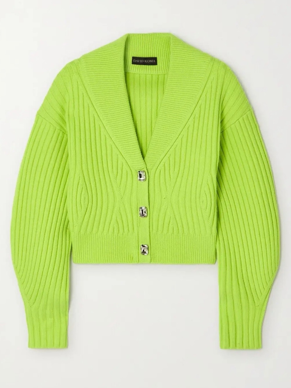 David Koma Lime Ribbed Cropped Cardigan with Gem Buttons